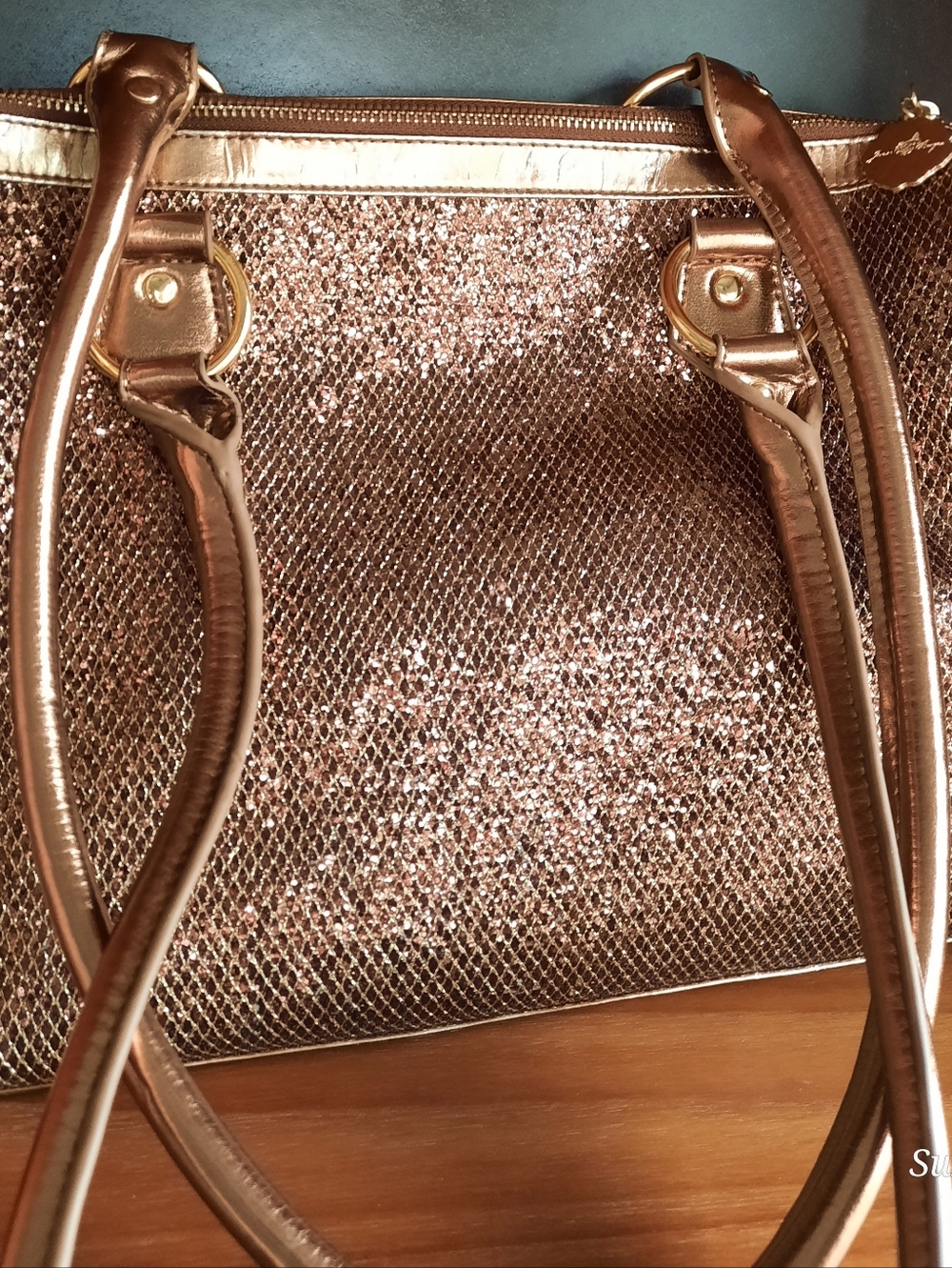JOAN BOYCE Sparkling Rose Gold Shoulder Bag 13"x 9"x 5", Zipper